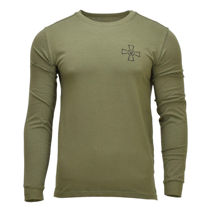 Origineel Oekraïens militair ondershirt met lange mouwen in olijfgroen met Tryzub-embleem op de borst, duurzame en comfortabele pasvorm
