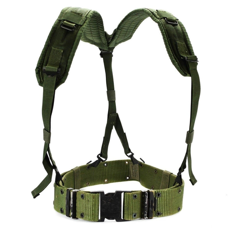 Original U.S. Army military green web suspenders and pistol belt system designed for comfort and durability in the field