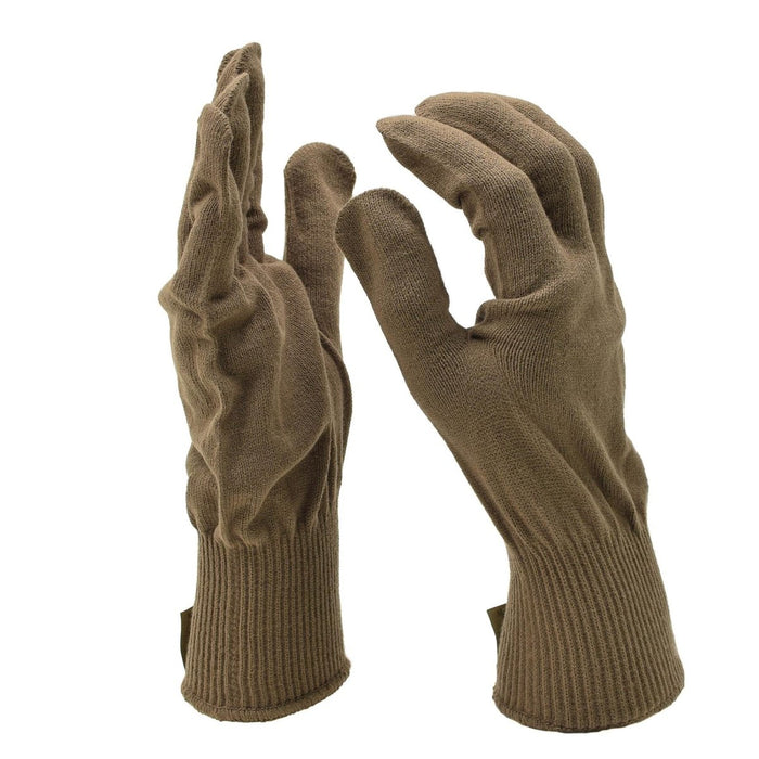 Originele Amerikaanse militaire bruine gebreide acrylhandschoenenvoering ontworpen voor warmte, flexibiliteit en bescherming tegen koud weer.