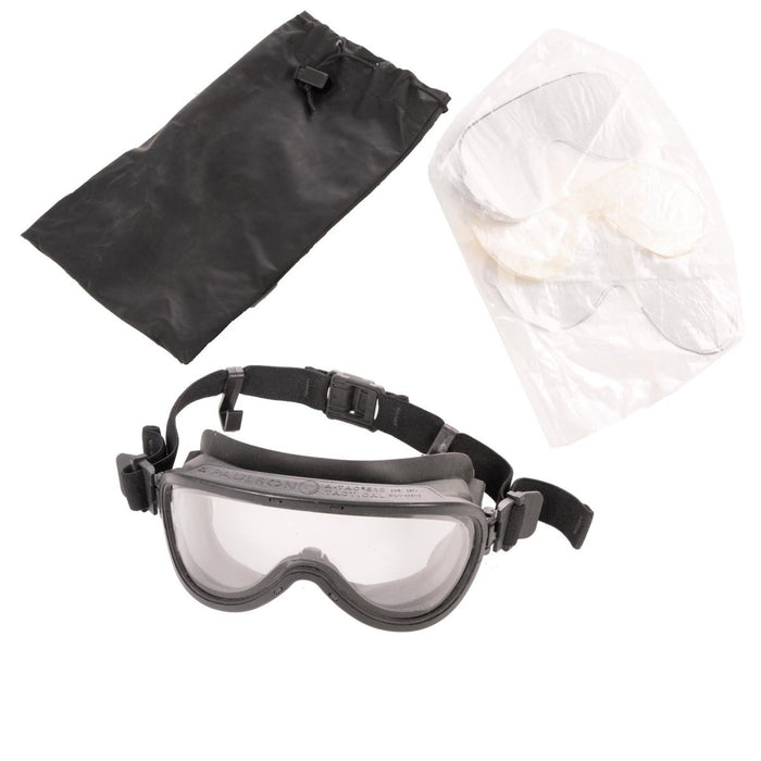Paulson 510 A-TAC tactische bril met transparante dubbele polycarbonaat lenzen, verstelbare riem en beschermend draagtasje.