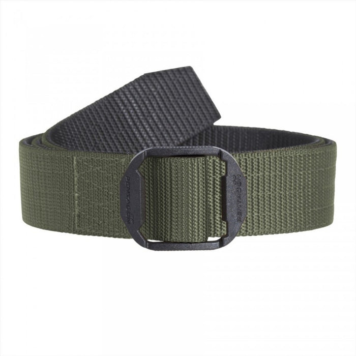 Duurzame groene tactische riem van nylon met zwarte, niet-metalen POM dubbele gesp, ontworpen voor dagelijks en professioneel gebruik