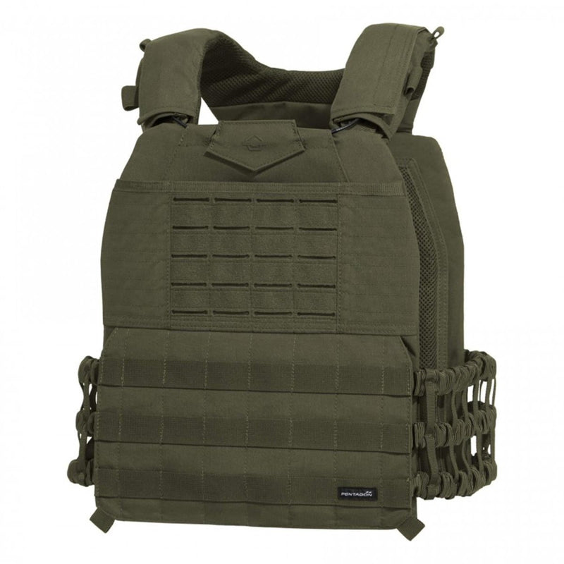 Olive green PENTAGON Milon Plate Carrier Mk2 tactical vest with MOLLE system and breathable mesh back