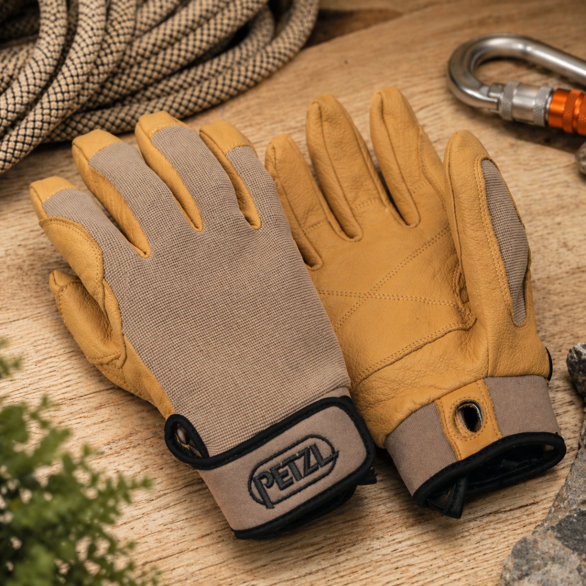 Petzl Cordex klimhandschoenen dubbel leerlaag abseiltouw handling beige