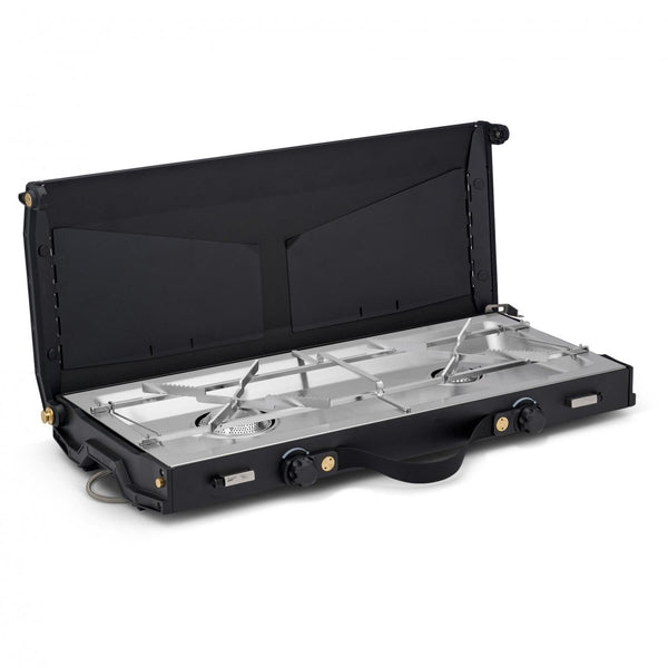 Portable Primus Alika dual burner outdoor camping stove with windscreen and stainless steel surface