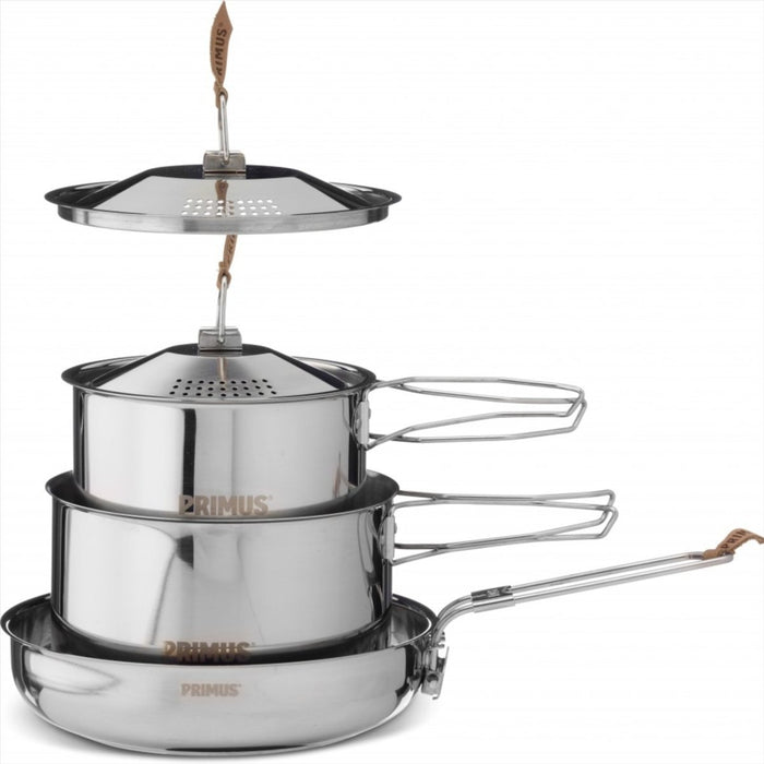 Primus Campfire Cookset S roestvrijstalen potten en braadpan met handgrepen en geventileerde deksels, compacte campingpannenset