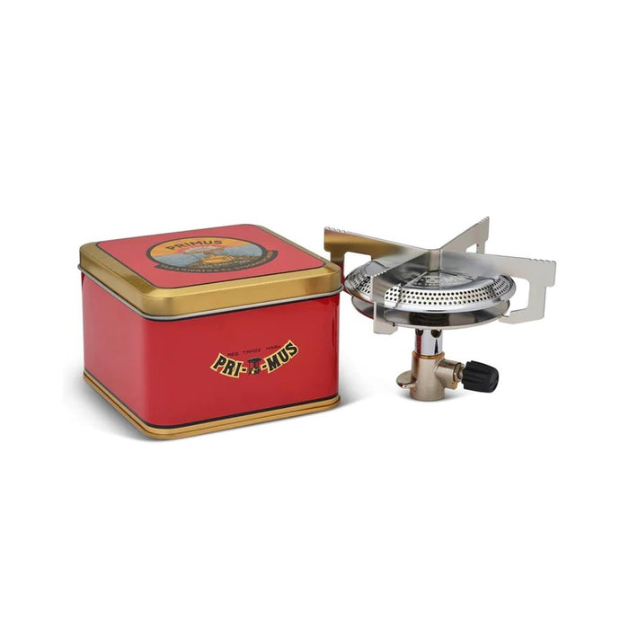 Primus ClassicTrail Stove 130 brede vlam campingbrander met stevig ontwerp met vier pods en compact rood metalen opbergblik.