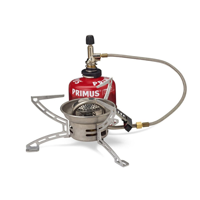 Compacte Primus EasyFuel Duo opvouwbare propaan- en butaan-kampeerkachel met afstandsbediening en opvouwbare poten voor buitenkoken.