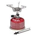 Compact Primus Express hiking stove with lightweight foldable burner and red fuel canister for efficient outdoor cooking.