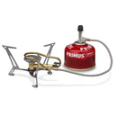 Primus Express Spider II lightweight camping stove with tripod and red gas canister for outdoor cooking and hiking trips