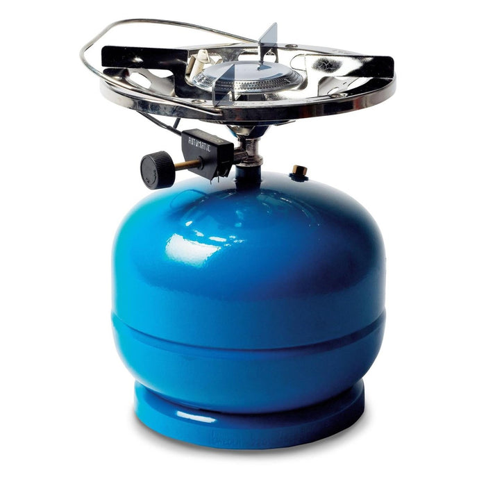 Campingkooktoestel met blauwe propaanbrander, piëzo-ontsteking en enkele brander voor buiten koken en wandelen.