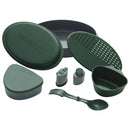 Green Primus Frigg W Piezo camping mess kit with plates, strainer, containers, and spork for outdoor meals
