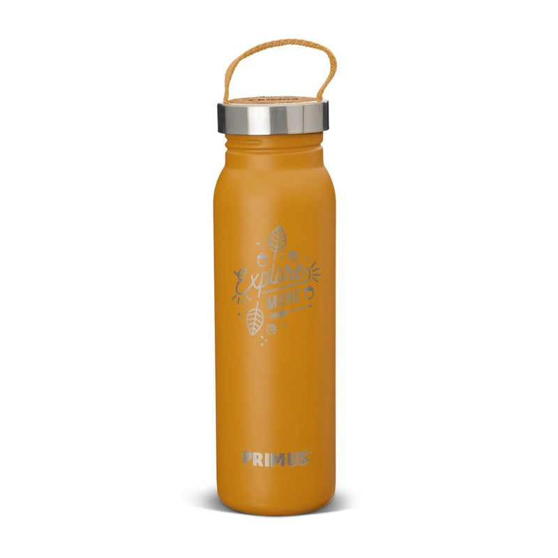 Orange Primus Klunken 700ml stainless steel water bottle with cork lid and handle for outdoor hiking and sports.