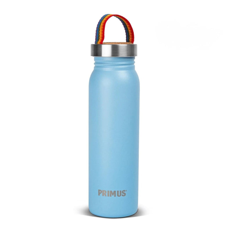 Lightweight 700ml Primus Klunken stainless steel water bottle with rainbow strap, ideal for hiking and outdoor activities.