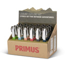 Primus Leisure outdoor cutlery set with knife, fork, spoon in colorful handles, ideal for camping and hiking.