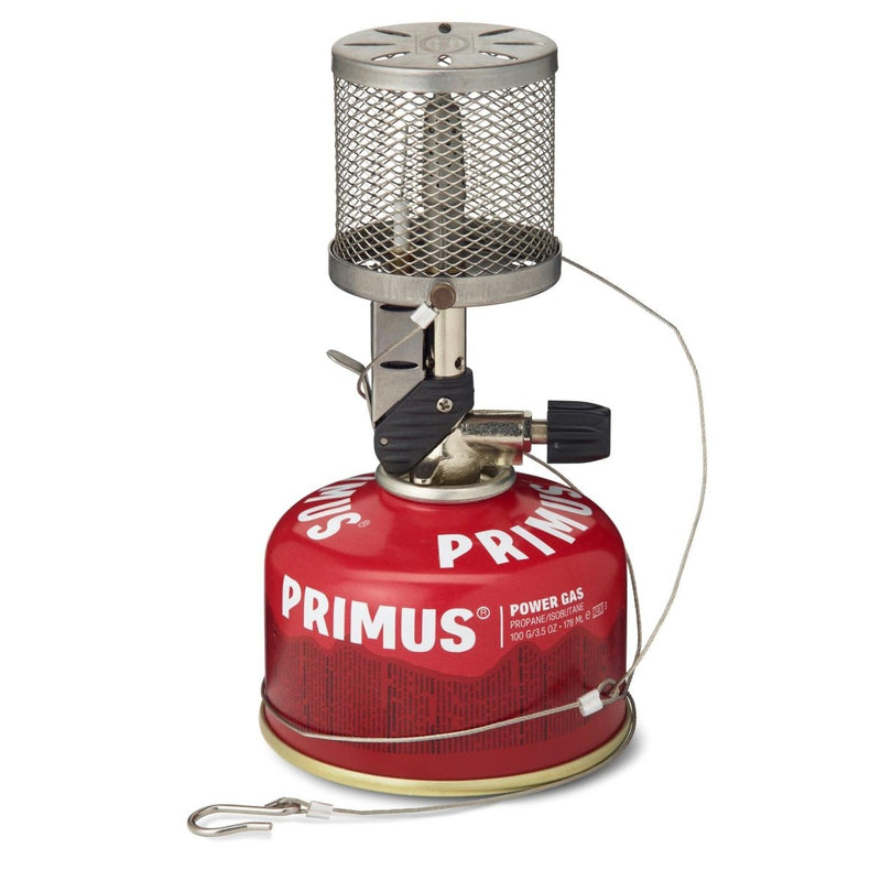 Portable Primus Micron gas lamp with adjustable brightness, piezo ignition, stainless steel mesh, and hanging system for camping use