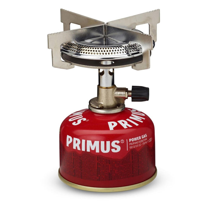 Compacte Primus Mimer propaankachel met één brander voor kamperen, wandelen en buitenkoken met stabiele ondersteuning en gemakkelijke ontsteking.