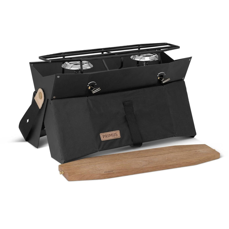 Primus Onja dual burner camping stove with foldable windscreen and carry case for portable outdoor cooking