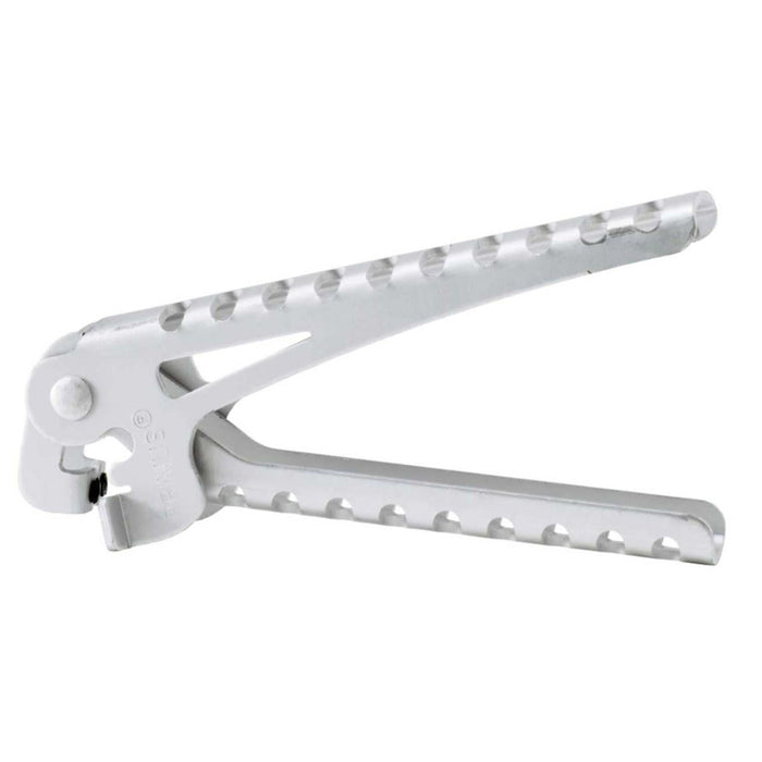 Lichtgewicht grijze aluminium Primus-pannengrijper met inklapbare handgreep voor veilige grip bij het koken buiten.