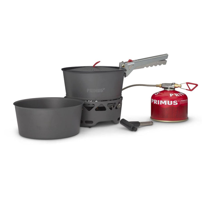Primus PrimeTech 1,3L campingkooktoestelset met twee potten, brander, brandstofjerrycan en pannengrijper voor buiten koken