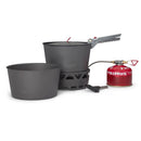 Primus PrimeTech 2.3L outdoor camping cooking set with pots, heat exchanger, lid, pot gripper, and fuel canister.