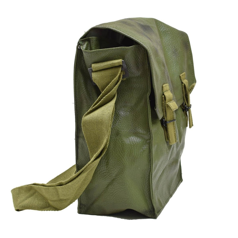 Vintage olive green Romanian M74 gas mask carrier bag with adjustable strap for military surplus respirator storage