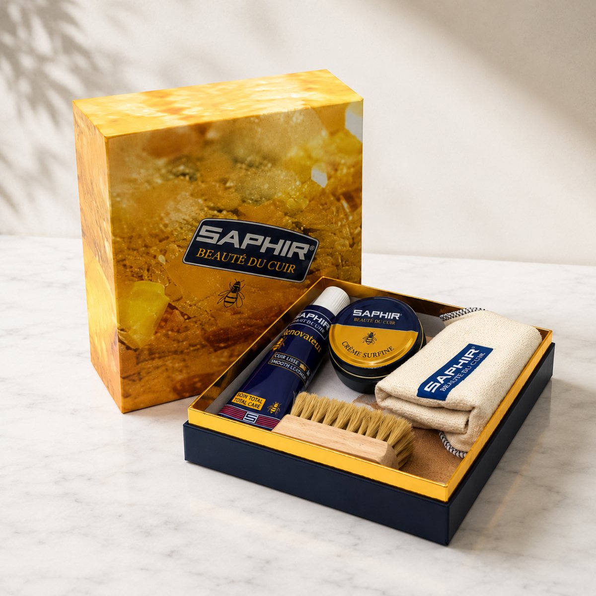 Saphir Box Grote schoenverzorgingsset Glad leer Polijstborsteldoekenset