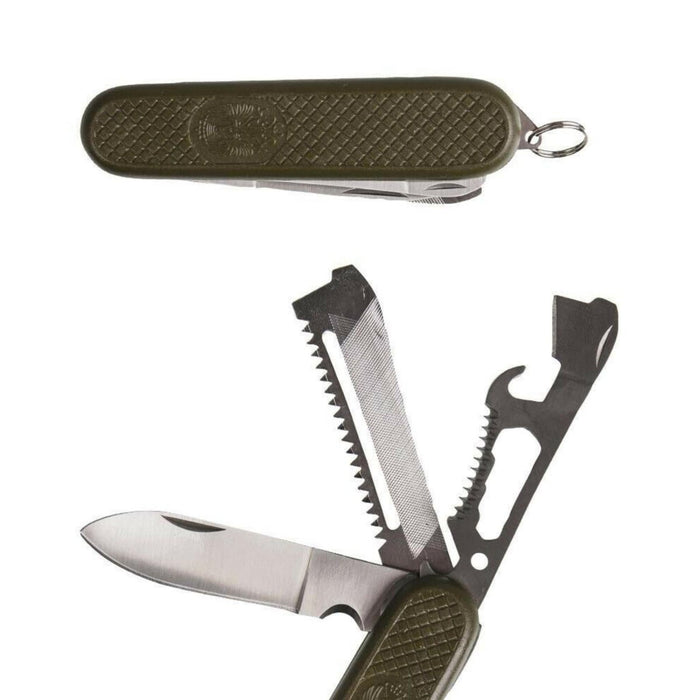 Spanish army style foldable multitool knife with olive green handle and multiple stainless steel blades and tools