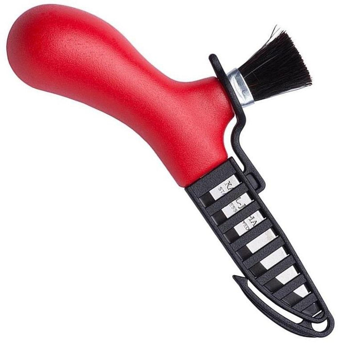 Zweeds paddenstoelenplukmes met rood ergonomisch handvat, roestvrijstalen lemmet en schoonmaakborstel van echt paardenhaar.