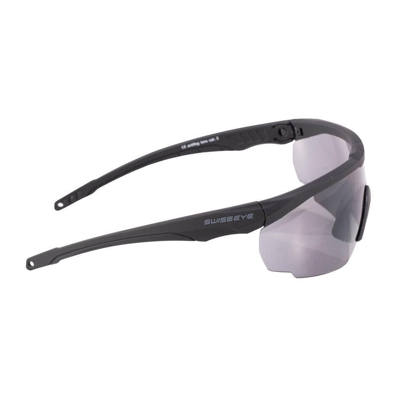 Black SWISS EYE safety goggles with dark tinted lens, anti-scratch, anti-fog, and UV protection for shooting and outdoor use.