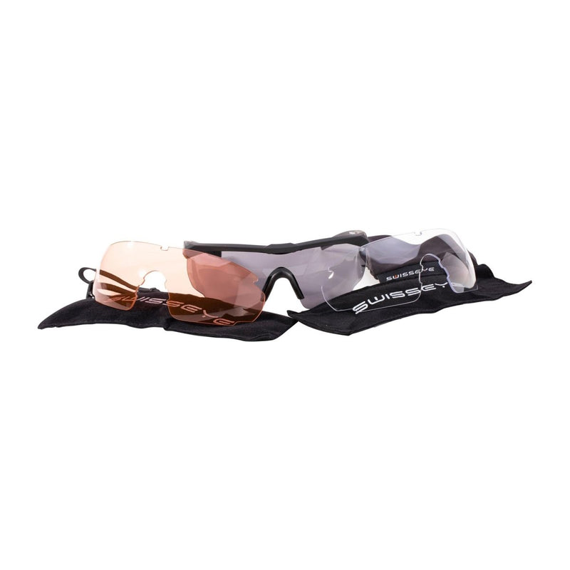 SWISS EYE safety goggles with three interchangeable lenses in clear, orange, and dark colors on a black pouch.