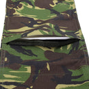 Close-up of British Army style DPM camo ripstop cargo pants pocket with reinforced stitching and camouflage pattern.