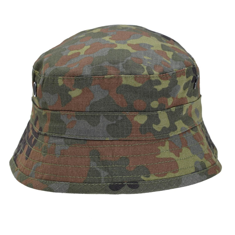 TACGEAR German Army style Flecktarn camo bucket hat made of durable ripstop fabric with ventilation eyelets.
