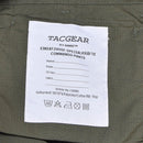 Close-up of TACGEAR olive ripstop cargo pants label showing material and care instructions.