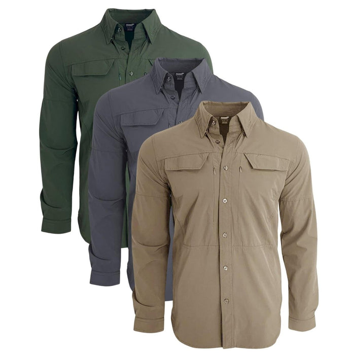 Drie TEXAR slim-fit militaire overhemden met lange mouwen in groen, grijs en bruin, met knoopsluiting aan de voorkant en borstzakken.