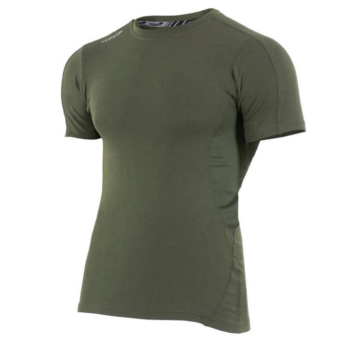 Olijfgroen TEXAR tactisch basislaagondershirt met korte mouwen, ontworpen voor militair en buitengebruik, met ademende stof.