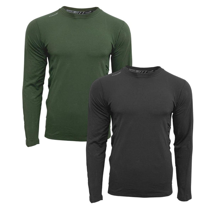 Twee TEXAR militaire thermische ondershirts met lange mouwen, ontworpen voor warmte en duurzaamheid in koude omstandigheden.