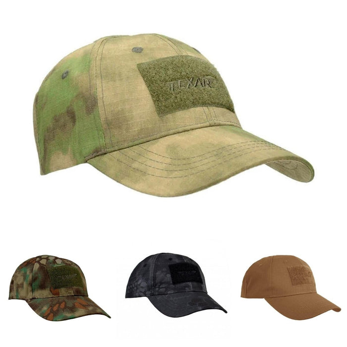 TEXAR tactische ripstop-baseballpetten in camo, zwart en bruin, lichtgewicht en duurzaam voor gebruik buitenshuis en in gevechten.