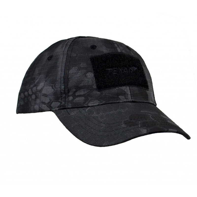 TEXAR tactical black camo baseball cap made from durable ripstop fabric with curved brim and adjustable strap for outdoor use