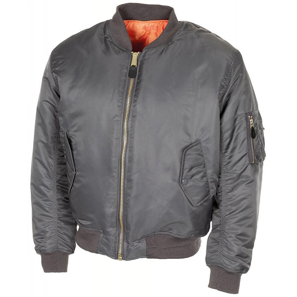 U.S. Army style MA1 bomber jacket in urban grey with gold zippers, orange liner, ribbed cuffs, and pockets.