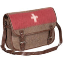 Vintage style wool medic shoulder bag with leather straps and red cross emblem on the flap for paramedics.